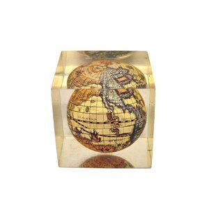 Vintage Lucite Globe Paperweight Cube Antique World Map Sepia Acrylic 1.5"